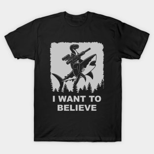 Velociraptor with a Rocket Launcher on a Shark - I Want to Believe T-Shirt